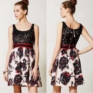 Peter Som Black and White Floral Dress with Red Accent